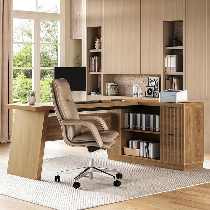 LITTLE TREE 78-Inch L-Shaped Executive Desk Modern Desk with Drawers &amp File Cabinet Large Walnut Office Workstation with Storage Shelves for Home Office