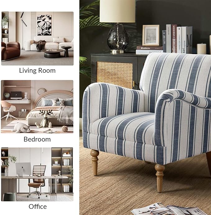 HULALA HOME Modern Accent Chair with Arms and Wooden Legs Comfy Upholstered Armchair for Living Room Bedroom (Stripe Pattern Navy)