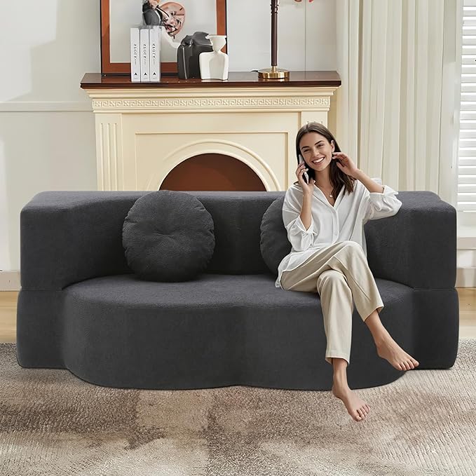Convertible Folding Sofa Bed 75.5 Boneless Cloud Couch Loveseat Floor &amp Futon Lounge Sleeper Couches Lychee Velvet for Living Room Office Small Spaces No Assembly Required Black