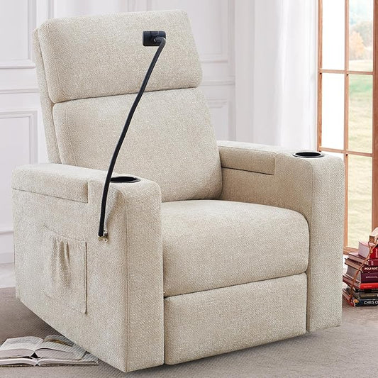 ABCASA Power Recliner Rocking Chair Nursery Glider Swivel Reclining Nursery Rockers for Baby Room &amp Living Room Chenille Chair with Phone Holder USB/Type-C Ports Arm Storage Light Brown