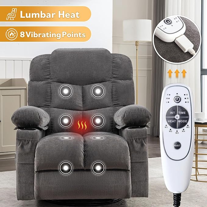 Oversized Massage Swivel Recliner Chair with Lumbar Heating for Living Room Rocker Recliner Single Sofa with Cup Holders and USB Charge Port Large Big Chair Recliners for Adult