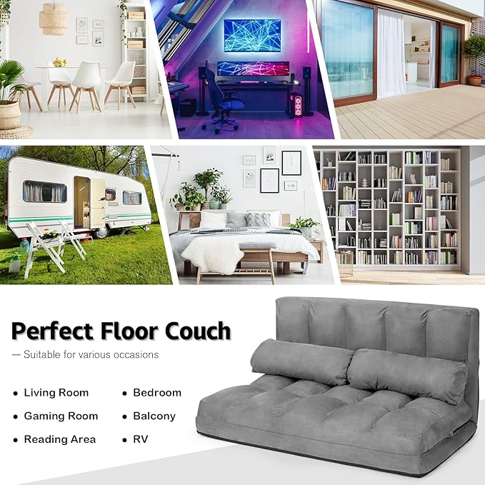 KOMFOTT Adjustable Floor Sofa Bed Foldable Lazy Sofa Sleeper with 6 Position Backrest &amp 2 Pillows Convertible Futon Couch with Suede Cloth Cover Lounge Recliner for Living Room