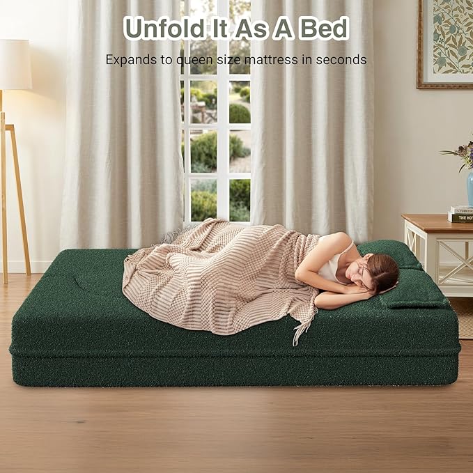 78 Convertible Folding Sofa Bed 2-in-1 Full Size Floor Boneless Couch Bed Loveseat sleeper Couch  Teddy Floor Sofa Memory Foam Sleeper SofaBed Small couches for small spaces No Assembly (Green)