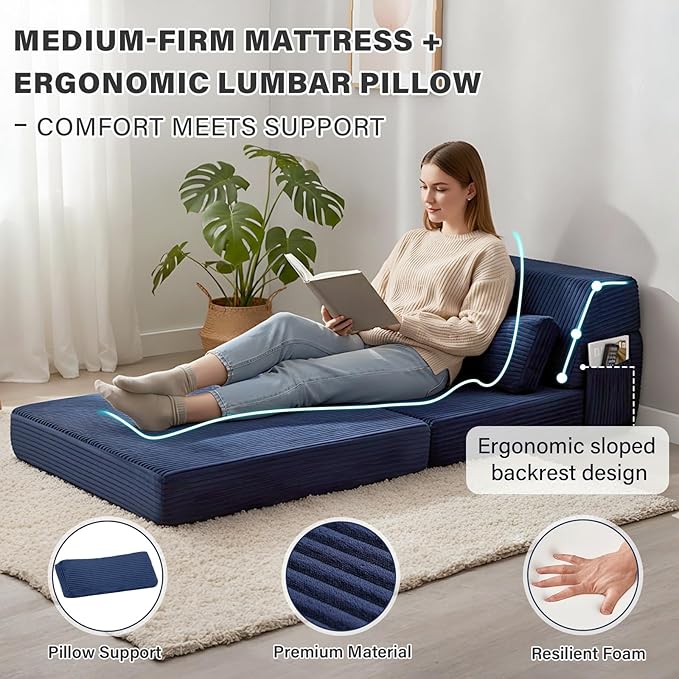 Tiita Folding Sofa Bed with Pillow Memory Foam Fold Out Chair Bed Single Size Convertible Chair Floor Couch &amp Sleeping Mattress Foldable Sleeper Sofa Bed for Guest Room Living Room Navy