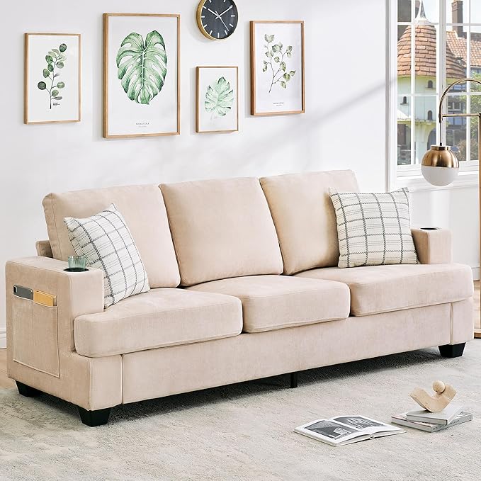 Garvee Chenill Sofa for Living Room 89-Inch Comfy Couches with Deep Seat Modern 3-Seater Sofa Couch with Cup Holders and Side Storage Pockets for Apartment Lounge Beige