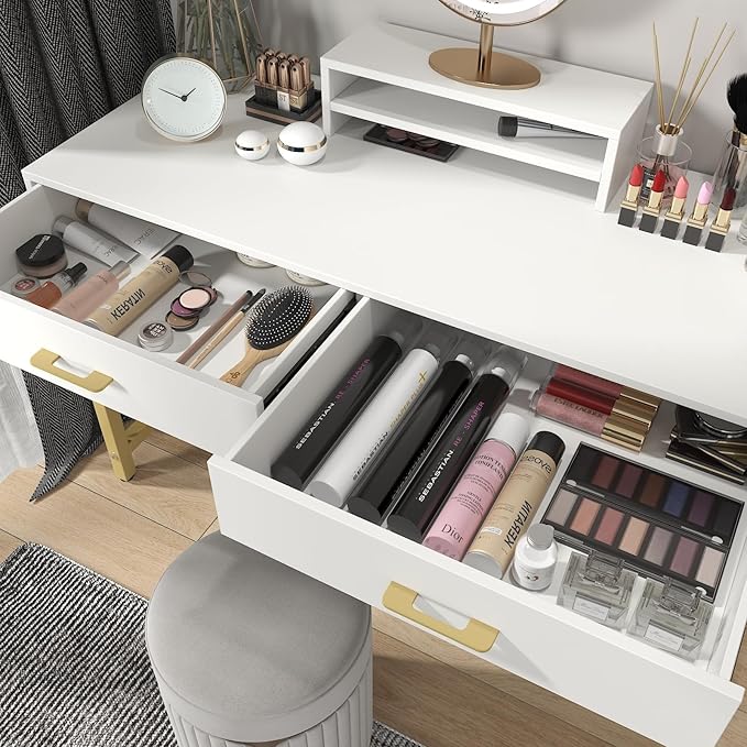 WESTREE Women Makeup Vanity Desk with 2 Drawers - Bedroom Home Office Desk Wooden Height Monitor Stand &amp Storage Shelf Without Mirror White Table Great Gift for Her