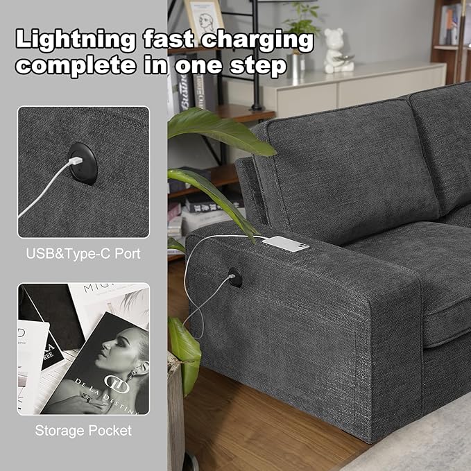 COOSLEEP 99” L-Shape Convertible Sectional Couches Sofas with 190L Storage Chaise Chenilee Sofas with Removable Cushion and Detachable CoverUSB Charging for Living Room(Dark Grey)