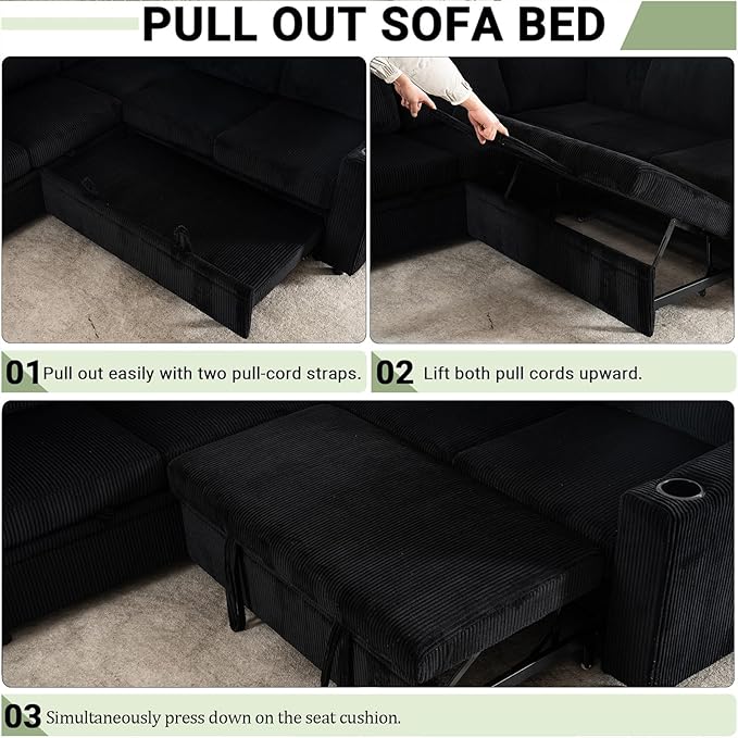 83 Modular Sectional Sleeper Sofa with Pull Out Bed Plush Corduroy L-Shaped Corner Couch with Storage USB Charger Cup Holders 5-Seater Sectional Couches for Living Room Apartment Black