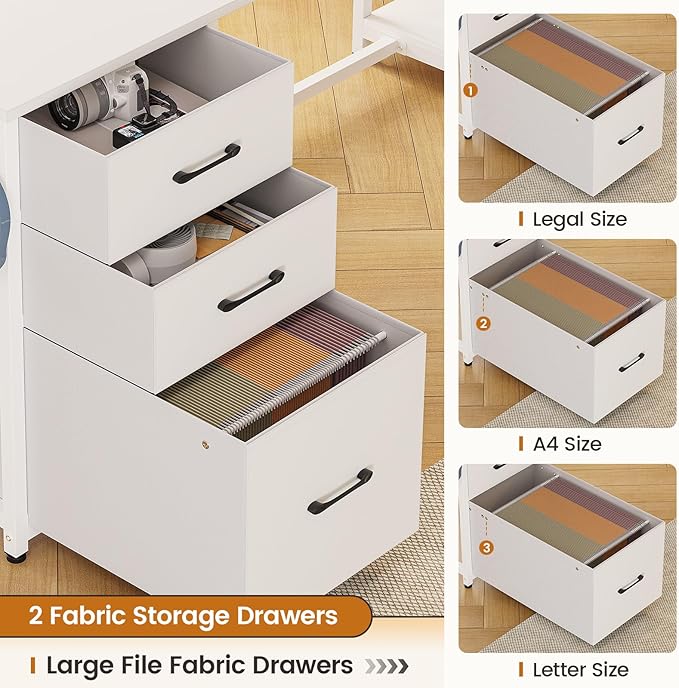 SEDETA L Shaped Computer Desk 58'' Office Desk with 3 Drawers and Bookshelf L Shaped Corner Desk with Storage Shelves and LED Light for Home Office Gaming Desk L Desk White