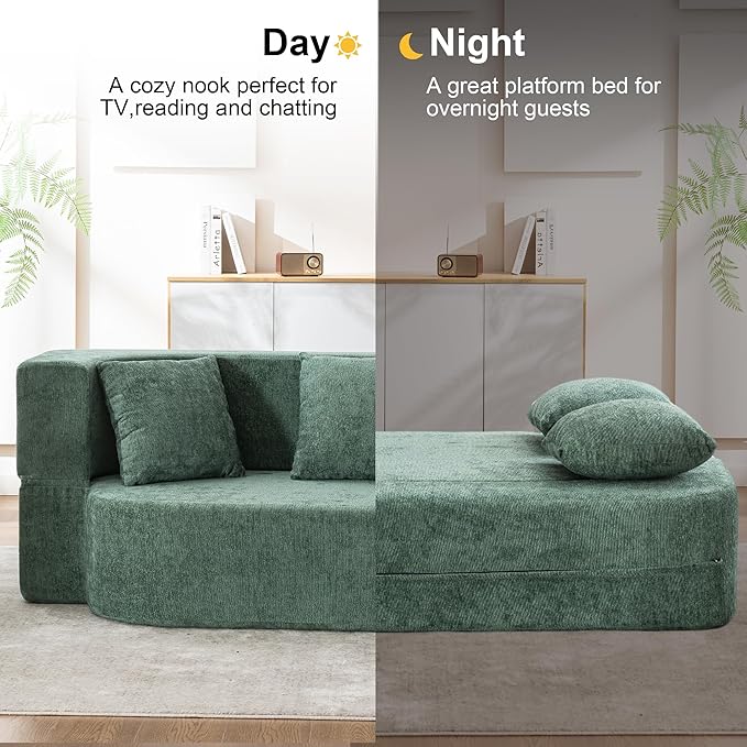2 in 1 Convertible Sofa Bed 78.8 Modern Loveseat Sofa Couch Curved Folding Sleeper for Living Room Apartment Small Space No Assembly Required Green