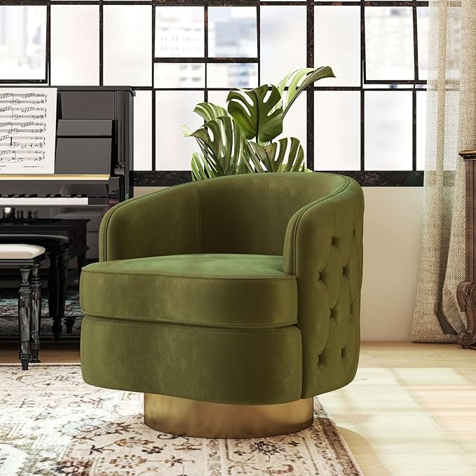 Modern Accent Chair Swivel Barrel Armchair for Living Room Button Tufted Velvet Comfy Chairs Round Upholstered Single Sofa Seating with Gold Base Green