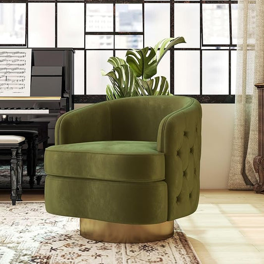 Modern Accent Chair Swivel Barrel Armchair for Living Room Button Tufted Velvet Comfy Chairs Round Upholstered Single Sofa Seating with Gold Base Green