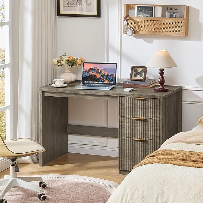 LEYAOYAO Office Desk 48 with 3 Drawers Storage File Cabinet Wood Fluted Desk for Computer Office Bedroom Home Furniture Grey