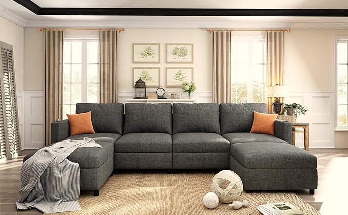 123 Large Modular Sectional SofaModern U-Shaped Sectional couch with Storage6-Seater Deep Seat Chenille Fabric Sofa for Living Room L-Shape Convertible with Movable Ottoman &amp Cup Holders (Grey