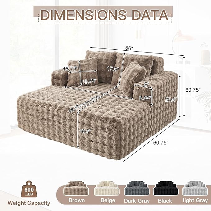 56 W Oversized Chaise Lounge Chair IndoorPlush Faux Fur Sleeper Couch Sofa Bed with PillowsFluffy Comfy Cloud SofaCompression Foam Boneless Couch for Living RoomBedroom(Bubble Brown)
