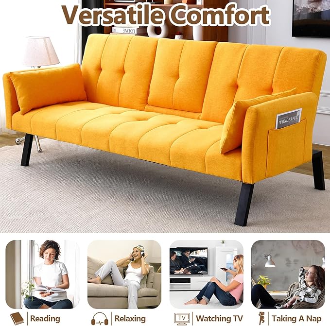 72 Cotton-Linen Futon Couch Living Room Couch Bed Convertible Sleeper Sofa Bed with Cup Holder for Bedroom Guest Bed 2 Seater Reclining Sofas Couches with Nailhead Trim for Small Space (Yellow)