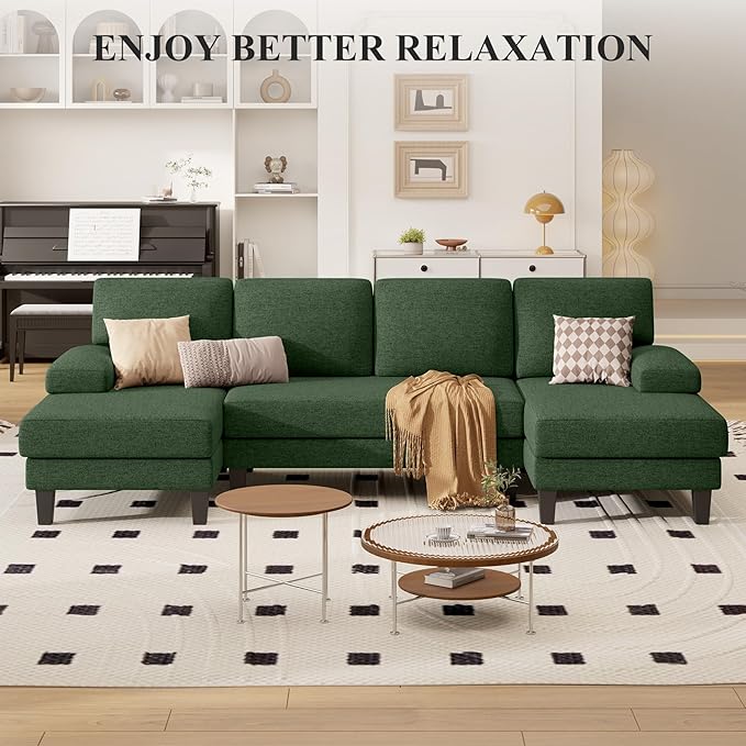 110 U-Shaped Sectional Sofa Couch for Living RoomModern Modular Sofa with Double ChaiseClassic Lounge Couch Sleeper for Apartment Green Linen