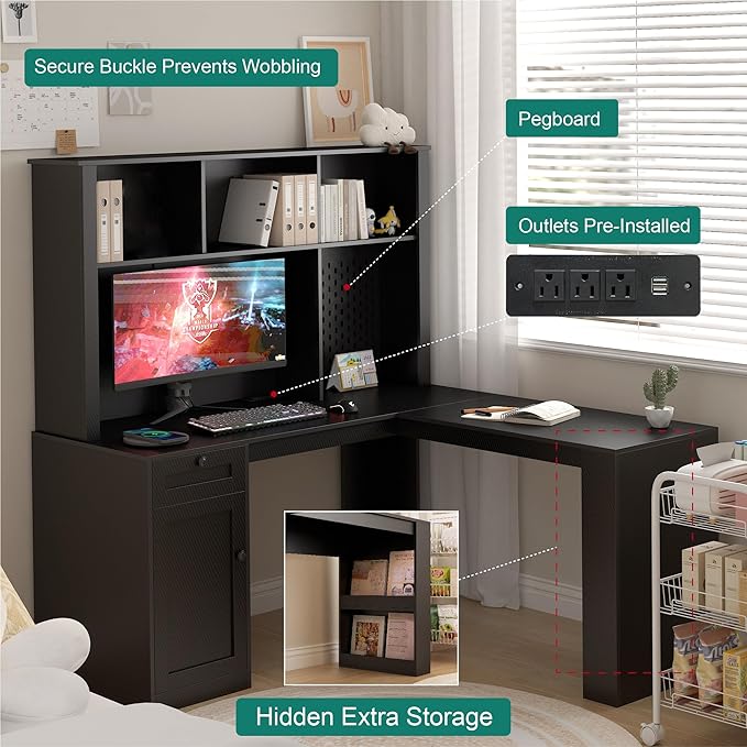 L Shaped Office Desk with Storage Drawers and Bookshelf Corner Computer Desk with Hutch and Charging Station Black