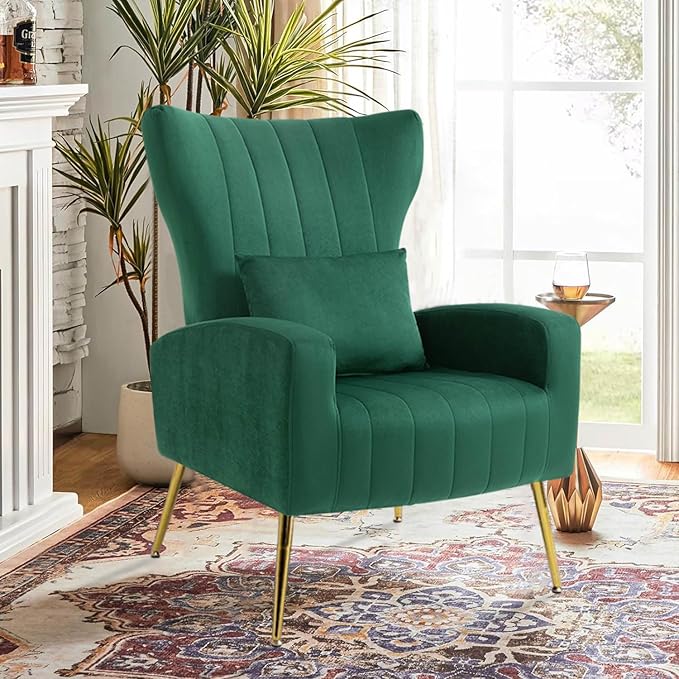 Modern Accent Chairs Set of 2 Wingback Chair with Arm &amp Gold Legs Living Room Bedroom Side Chair with Lumbar Pillow Velvet Upholstered Channel Tufted Green