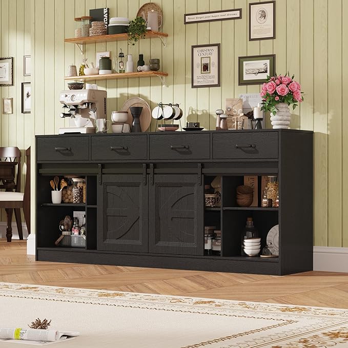 St.Mandyu 70 Large Farmhouse TV Stand for 85/80/75/70 Inch TVs w/4 DrawersRustic Tall Media Console w/Sliding Barn Door Adjustable ShelvesTall Entertainment Center for Living RoomBlack