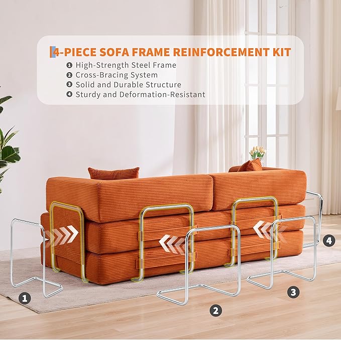 Garvee 5-in-1 Convertible Sofa Bed 78.8 Modular Corduroy Sleeper with Sturdy Frame &amp No Assembly Multi-Functional Futon for Small Space Living Room &amp Guest Room (Green) (Orange)