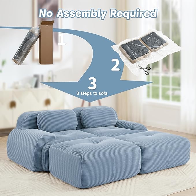 81.8 Sleeper Sofa Cloud Couch Modular Sectional Sofa - Boneless Deep Seat 2-Seater with 2 Movable Ottomans No Assembly Corduroy Upholstery Couches for Living Room (Blue)