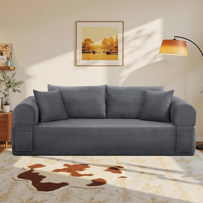 83 Sofa in a Box 3 Seater Couch No Assembly Boneless Sofa Bed with Cushion Back 2 Pillows Deep Seat Corduroy Fabric Side Storage Pockets for Living Room Bedroom Apartment Office Deep Grey