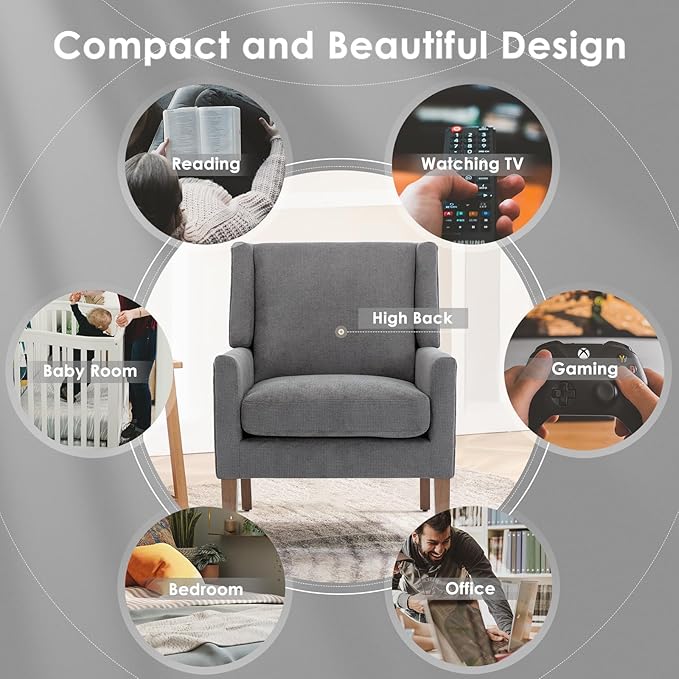 COLAMY Modern Wingback Living Room Chair Set of 2 Upholstered Fabric Accent Armchair Single Sofa Chair with Lounge Seat and Wood Legs for Bedroom/Office/Reading Spaces Gery