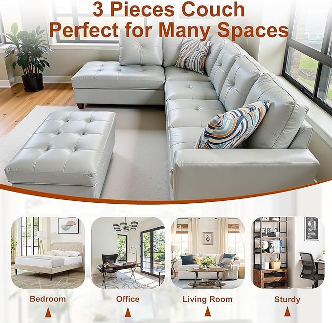L Shaped Couch PU Leather Sectional Couches for Living Room 3 Pieces Modular Sectional Sofa with Chaise Ottoman with Storage for Living Room and Small Apartment Silver Green