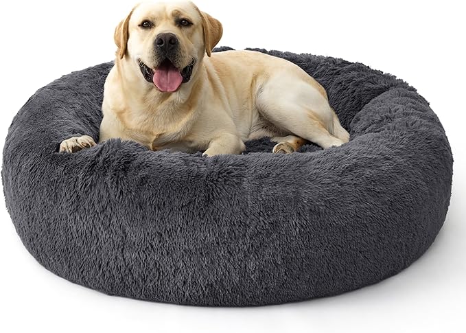 Bedsure Calming Dog Bed for Extra Large Dogs - 45in Donut Washable Large Pet Bed Anti-Slip ＆Removable Cover420GSM Round Anti-Anxiety Fluffy Plush Faux Fur Fits up to 100lbs PetsPlus Version