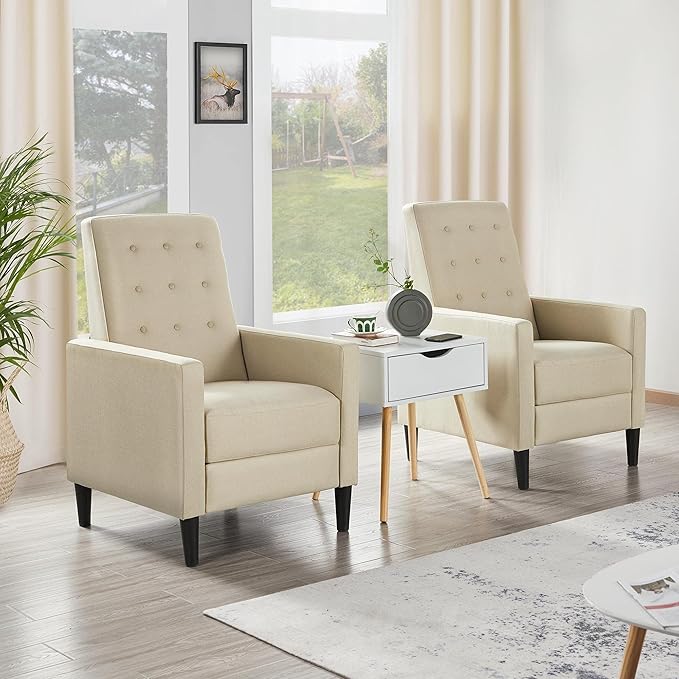 Yaheetech Fabric Recliner Chair Mid-Century Modern Recliner Adjustable Single Recliner Sofa with Thicker Seat Cushion Tufted Upholstered Sofa with Pocket Spring for Living Room Bedroom Beige Set of 2