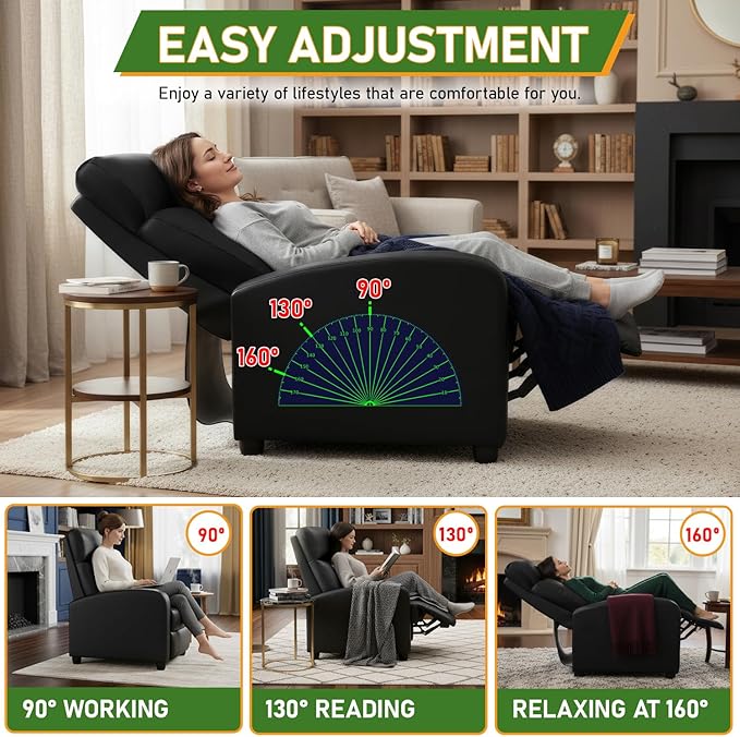 PayLessHere Recliner Chair Single Reclining Sofa Home Theater Seating with Lumbar Support and Padded Backrest for Living Room and Bedroom (Leather Black-Massage)
