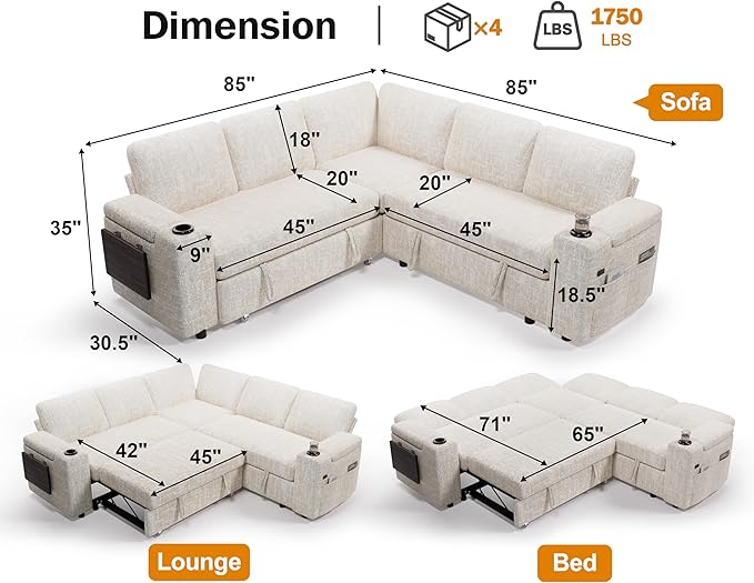 Vipbear 86 Modular Sectional Sleeper Sofa with Pull Out Bed 5 Seat Chenille L Shaped Couch with Reclining Backrest|USB Ports|Cup Holders|Side Table|Storage Seat Armrests Tool Free Assembly Beige
