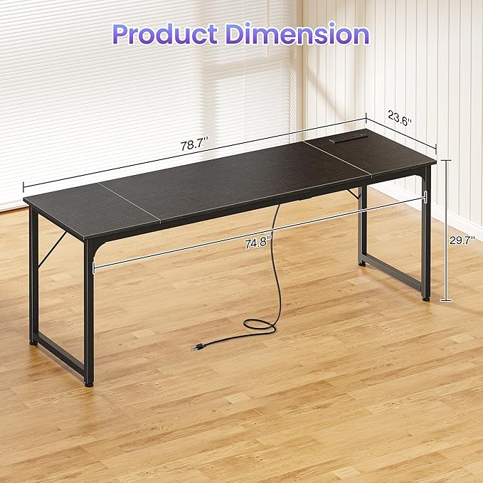 PRAISUN 80 X 24 Inch Office Computer Desk with Power Outlets and USB-C Port Larger and Longer Gaming Desk for Home Office Study Writing Work from Home Table Metal Frame Black