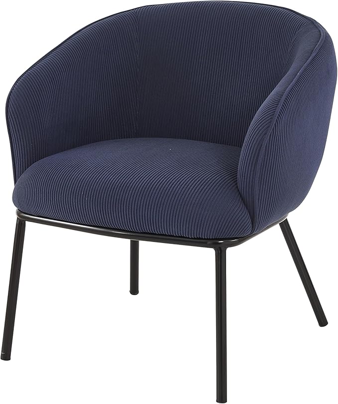Modern Corduroy Accent Chair with Channel Back Design Black Metal Legs and Soft Upholstery Comfortable Seating for Living Room Bedroom or Office Blue