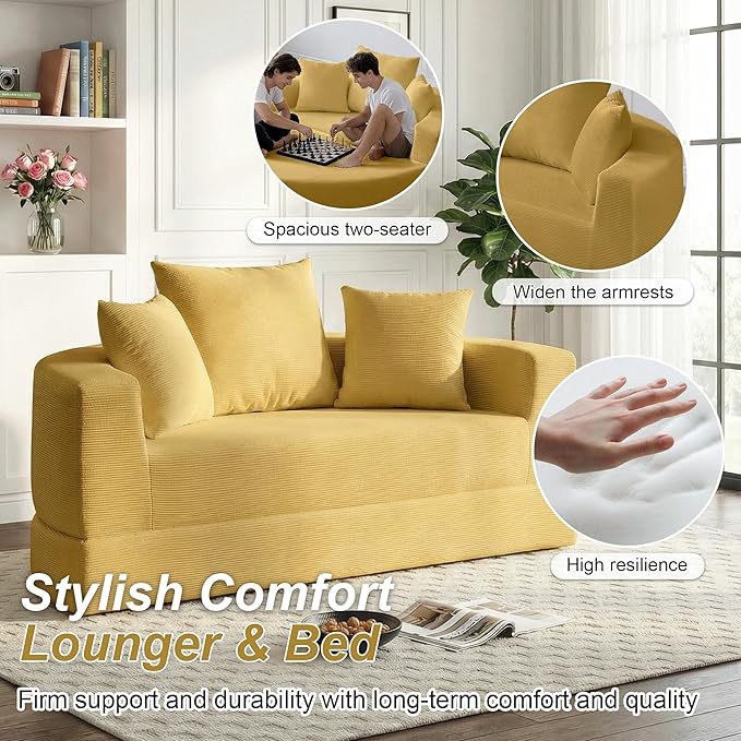 Casaphoria 67'' Sleeper Sofa for Small SpacesConvertible Foldable Couch Bed with ArmrestsSpace Saving Guest Bed for ApartmentsDormsLiving Room(Yellow)