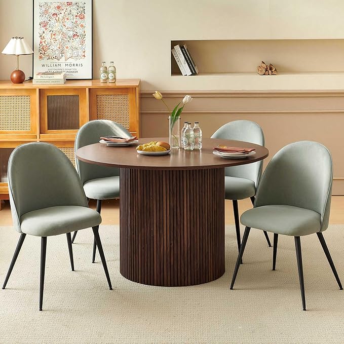 Kitchen&ampDining Room Table Set for 4 Walnut Wooden Dining Table Round and Upholstered Kitchen Side Living Room Chairs Set Rustic Dining Set with Grey Velvet Chairs for Apartment Dining Hall