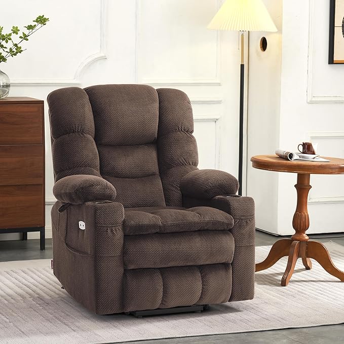 MCombo Small Triple Motor Power Lift Recliner Chair with Massage and Dual Heating Adjustable Headrest for Petite Elderly People Fabric 7631 (Coffee Small)