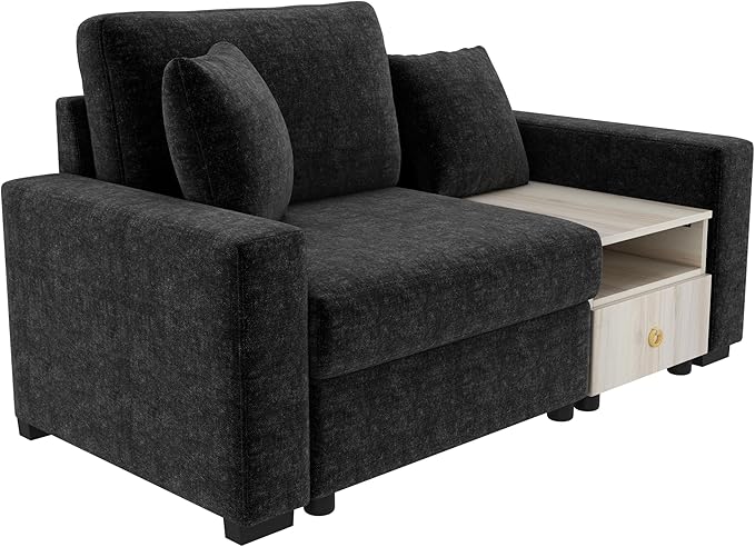 Christopher Knight Home Onvi 63.2'' Lounge Sofa Couch with Storage Armrest and Center Console Chenille Upholstered Home Sofa Living Room 1 Seater Sofa with Removable Plush Pillows Black