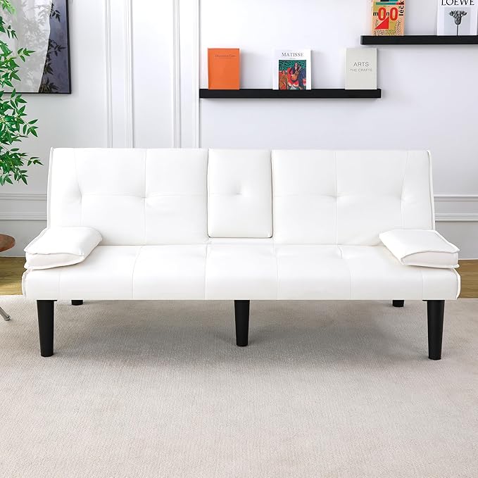 KEIKI 67 Convertible Sofa Bed with Cup Holder 3 in 1 Futon Sleeper Sofa Chair PVC Upholstered Sofa for Living Room or Office White