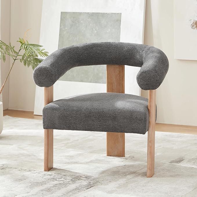 VKNOW Accent Chair Living Room Chair Modern Upholstered Arm Chair with Solid Wood Legs Comfy Barrel Accent Chair for Living Room Bedroom Dark Grey