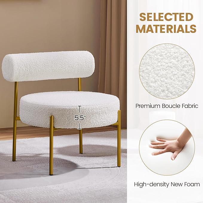 Topeakmart Modern Vanity Chair Boucle Fabric Accent Chair with Gold Metal Legs for Living Room Makeup Room 2 PCS White
