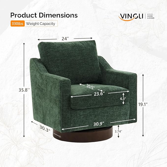 VINGLI Mid-Century Modern Swivel Accent Chair 360°Upholstered Armchair Home Sofa with Track Arms for Living Room Bedroom Reading Room Club Swivel ChairChenille Green