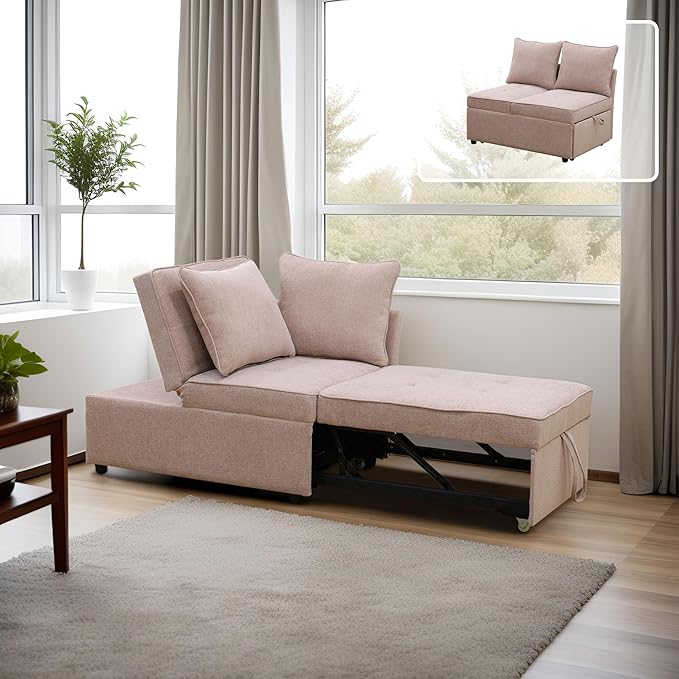 Sleeper Sofa 4-in-1 Convertible Ottoman Couch Bed Modern Sackcloth Futon Sofa Bed with 2 Pillows Adjustable Backrest Recliner Folding Loveseat for Living Room Apartment Dorm OfficePink