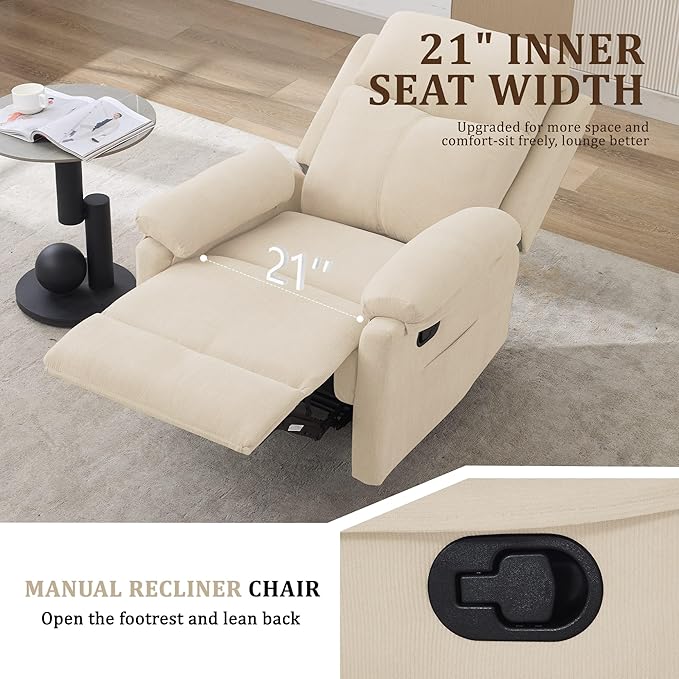 Recliner Chair Manual Recliner for Adults with Side Pocket Small Recliners for Small Spaces Adjustable Comfy Overstuffed Corduroy Reclining Chairs for Living Room Reading Bedroom Beige