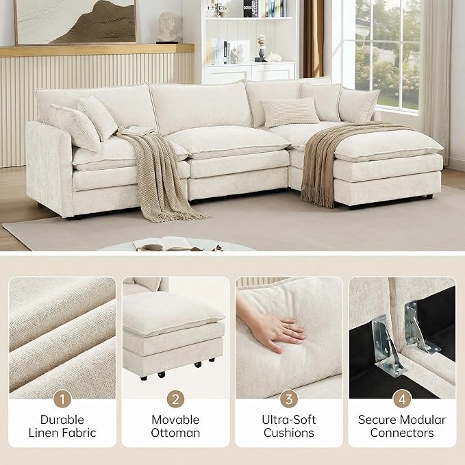 Homy Casa 102 Inch L Shaped Couch Set3-Seat Sectional Sofa with Chaise Comfortable Chenille Fabric Removable Cushions Ottoman DIY CombinationModern Design for Living/Family Room – Beige