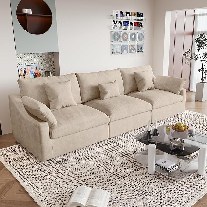 JACH Sectional Couches for Living Room 3 Seater Cloud Sectional Couch with Deep Seat Down Filled Modular Sofa Covers Removable &amp Washable Sofas Furniture for Living Room Khaki
