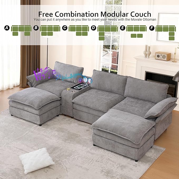 124 Cloud Couch Sectional Modular U Shaped Couch with Movable Ottomans Modern Deep Seat Sofas for Living Room Comfy Chenille Sectionals with Central Console &amp Bluetooth Speakers (Grey)