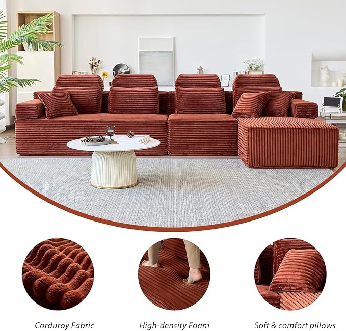 136″ Cloud Modular Sectional Sofa Modern L-Shaped Sectional Couches for Living Room Oversized 3-Seater Couch Corduroy Boneless Couch in a Box No Assembly Required Orange