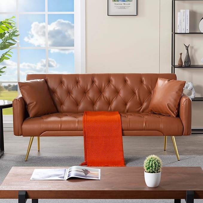 68” Convertible Futon Couch BedFoldable Loveseat Sleeper with Adjustable BackrestSofa Bed with 2 Pillows and Armrest for Living Room (Brown)